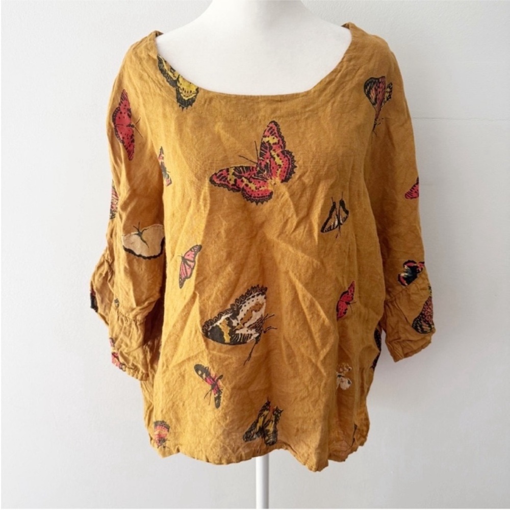 Viola Borghi Women Italian Linen Butterfly Novelty Oversized Top Boho Peasant